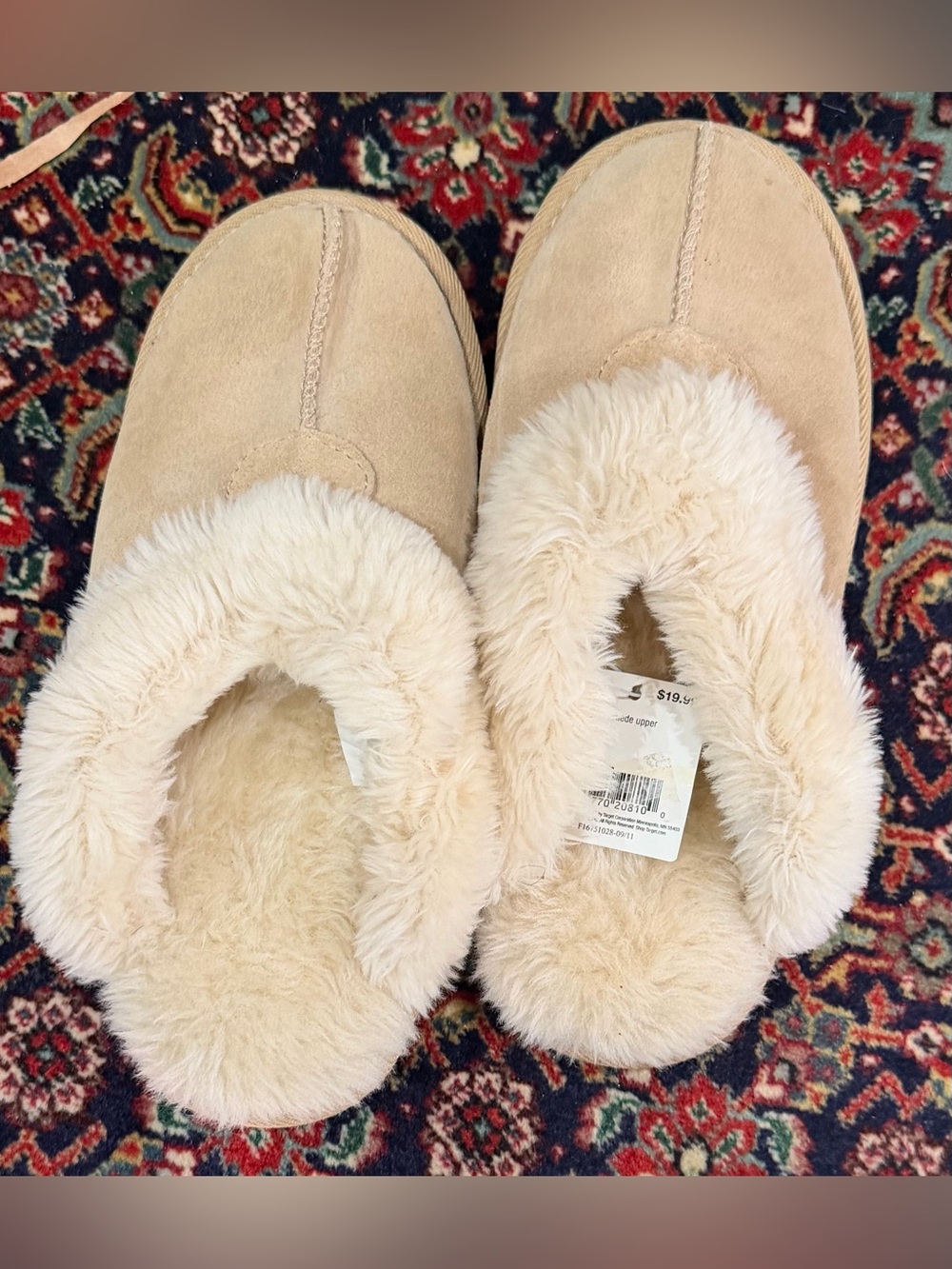 SOX-TAB SLIPPERS FLUFFY GENUINE SUED UPPER. FAUX FUR LINING. CHANDRA-TAN SIZE 9.